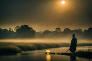 een Mens staand Aan de bank van een rivier- Bij zonsopkomst. ai-gegenereerd foto