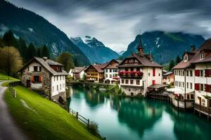 foto behang de lucht, bergen, water, huizen, Zwitserland, de Alpen, zw. ai-gegenereerd