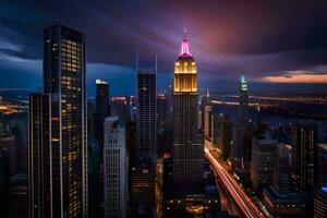 de rijk staat gebouw is lit omhoog in roze en Purper. ai-gegenereerd foto