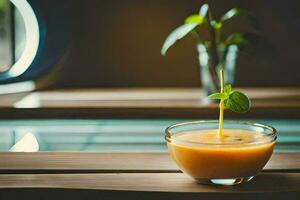 een glas van oranje sap Aan een tafel. ai-gegenereerd foto