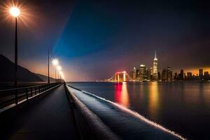 een lang pier met lichten Aan het Bij nacht. ai-gegenereerd foto