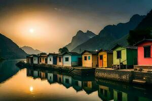 kleurrijk huizen Aan de water Bij zonsondergang. ai-gegenereerd foto