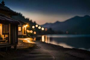 een huis door de water Bij nacht met lichten Aan. ai-gegenereerd foto