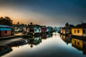 een rivier- met huizen Aan of kant Bij zonsondergang. ai-gegenereerd foto