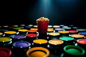 een rood kop gevulde met popcorn Aan een tafel omringd door kleurrijk verf blikjes. ai-gegenereerd foto