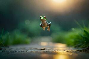 een kikker jumping over- een klein pad. ai-gegenereerd foto