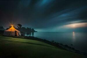 een tent Aan de kust van een meer Bij nacht. ai-gegenereerd foto