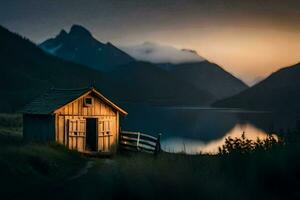 een klein houten hut zit Aan de kant van een meer Bij zonsondergang. ai-gegenereerd foto