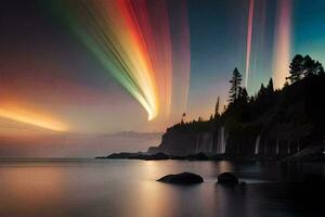 de Aurora borealis is gezien over- de water. ai-gegenereerd foto