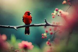 een rood vogel zit Aan een Afdeling met roze bloemen. ai-gegenereerd foto