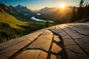 de zon stijgt over- een berg reeks en vallei. ai-gegenereerd foto