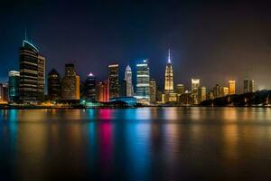 de stad horizon Bij nacht met lichten reflecterend uit de water. ai-gegenereerd foto