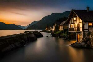 een huis Aan de kust van een meer Bij zonsondergang. ai-gegenereerd foto