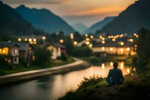 een Mens zittend Aan de rand van een rivier- Bij schemering. ai-gegenereerd foto