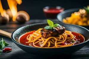 spaghetti met vlees en tomaat saus in een schaal. ai-gegenereerd foto