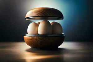 een houten ei met vier eieren binnen. ai-gegenereerd foto