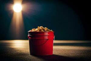 een rood emmer gevulde met popcorn Aan een tafel. ai-gegenereerd foto