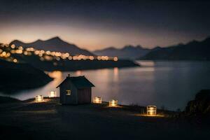 een klein huis zit Aan de kust van een meer Bij nacht. ai-gegenereerd foto