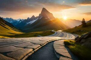 de zon stijgt over- een berg weg in de bergen. ai-gegenereerd foto