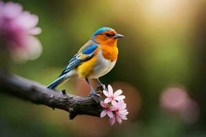 een kleurrijk vogel zit Aan een Afdeling met roze bloemen. ai-gegenereerd foto