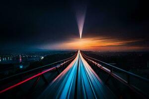 een trein gaan naar beneden een lang brug Bij zonsondergang. ai-gegenereerd foto