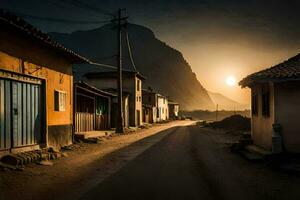 een straat in de bergen Bij zonsondergang. ai-gegenereerd foto
