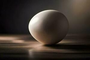 een ei zittend Aan een tafel met een donker achtergrond. ai-gegenereerd foto