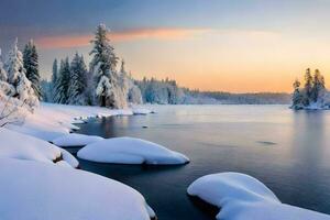 een besneeuwd rivier- in de winter. ai-gegenereerd foto