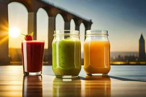 drie verschillend types van smoothies zitten Aan een tafel in voorkant van een brug. ai-gegenereerd foto