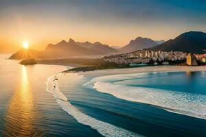 Rio de janeiro, Brazilië, zonsondergang, strand, bergen, zonsondergang, zonsondergang,. ai-gegenereerd foto