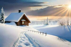 een klein cabine in de sneeuw. ai-gegenereerd foto
