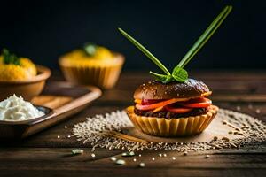 een Hamburger met groenten en een lepel. ai-gegenereerd foto