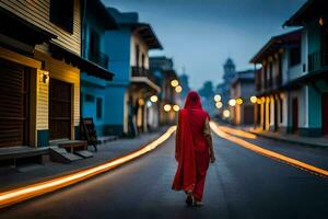 een vrouw in een rood jurk wandelingen naar beneden een straat Bij nacht. ai-gegenereerd foto