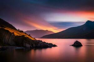 een mooi zonsondergang over- een meer en bergen. ai-gegenereerd foto