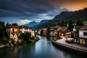 foto behang de lucht, bergen, rivier, huizen, dorp, rivier, meer, zonsondergang,. ai-gegenereerd