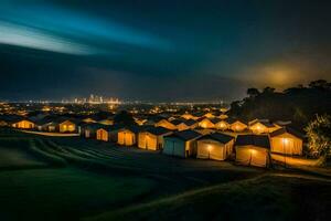 een nacht schot van een groep van hutten Aan een heuvel. ai-gegenereerd foto