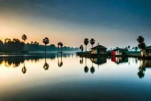 een meer met palm bomen en een huis Bij zonsondergang. ai-gegenereerd foto