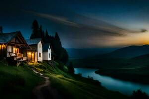 foto behang de lucht, bergen, meer, huis, de nacht, de bergen, de meer. ai-gegenereerd