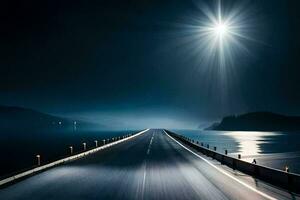 een lang brug met lichten Aan het Bij nacht. ai-gegenereerd foto