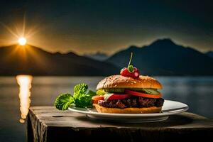 een Hamburger Aan een bord met een zonsondergang in de achtergrond. ai-gegenereerd foto