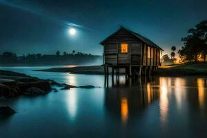 een klein houten huis zit Aan de kust van een rivier- Bij nacht. ai-gegenereerd foto