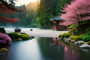 een mooi Japans tuin met een pagode en roze bloemen. ai-gegenereerd foto