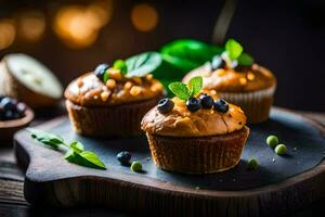 drie muffins met bosbessen en munt Aan een houten bord. ai-gegenereerd foto