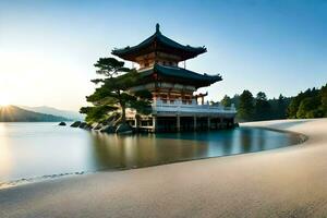 een pagode zit Aan de kust van een meer. ai-gegenereerd foto