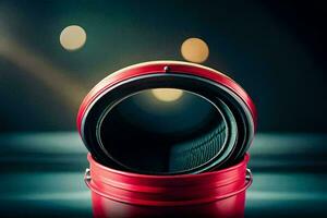 een rood emmer met een lens binnen. ai-gegenereerd foto