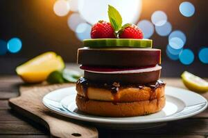 een stack van drie cakes met fruit Aan top. ai-gegenereerd foto