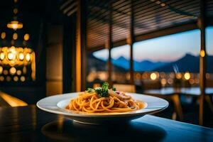 een bord van pasta Aan een tafel in een restaurant. ai-gegenereerd foto