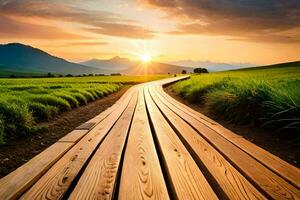 de zon stijgt over- de bergen in de achtergrond. ai-gegenereerd foto