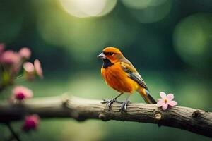 foto behang de lucht, vogel, bloemen, boom, lente, natuur, vogel, lente,. ai-gegenereerd