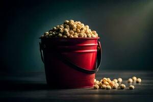 een emmer gevulde met popcorn Aan een donker tafel. ai-gegenereerd foto